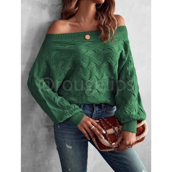 Off the Shoulder Batwing Sleeve Forrest Green Knit Sweater Pullover - Picture 5 of 8